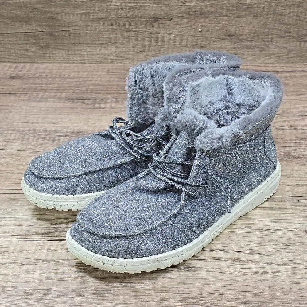Hey Dude Britt Youth Women's Size 7 Gray Faux Fur Lace Up Comfort Shoes Boots